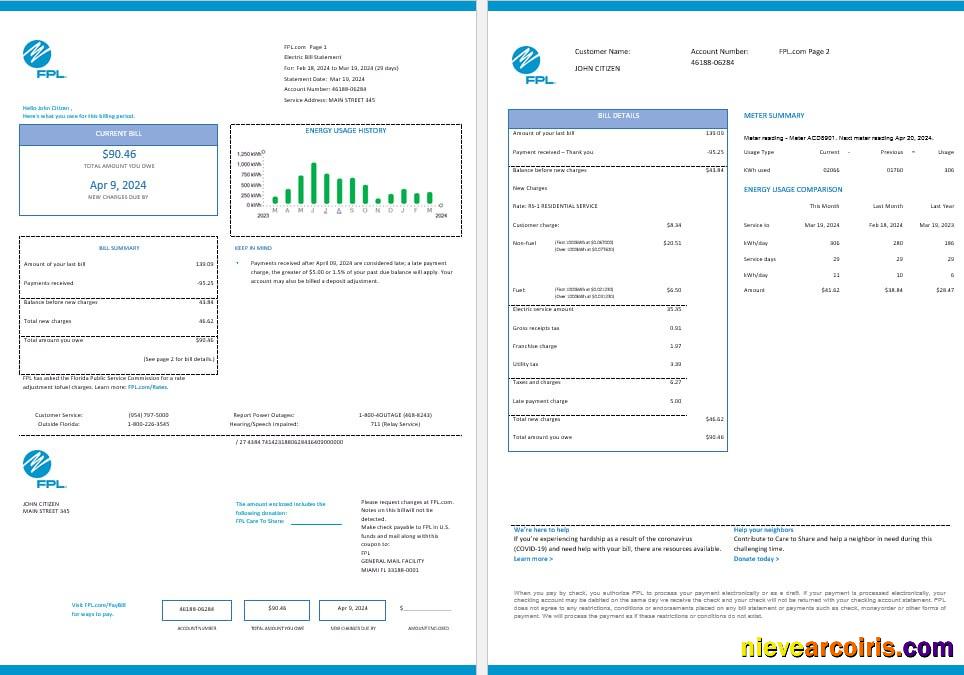 USA FPL  electricity utility bil, 2 pages, version 2